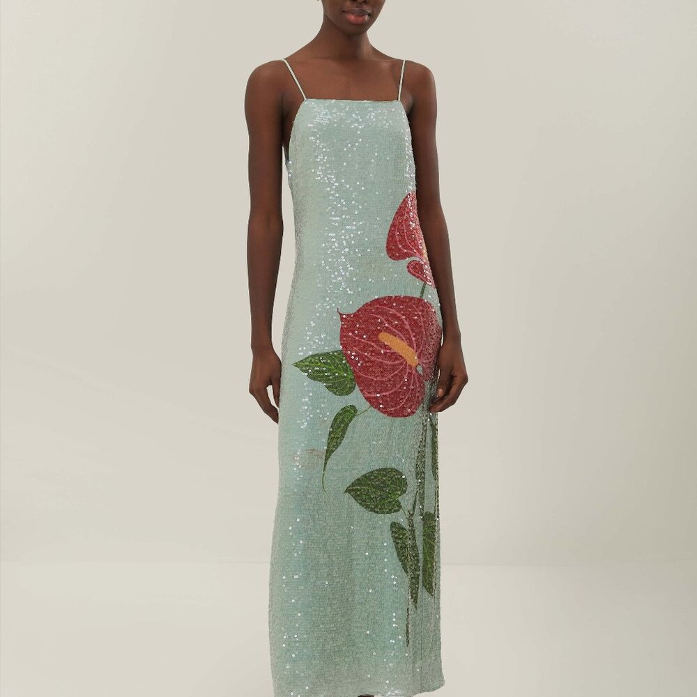 Blue Anthurium Flowers Slip Maxi Dress